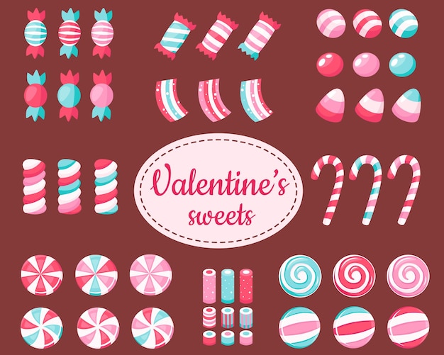 Gran conjunto de dulces y caramelos de San Valentín.