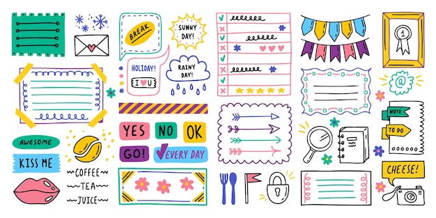 Gran conjunto de elementos de borde de iconos de diario Nota etiqueta engomada del icono para la ilustración de vector de escuela