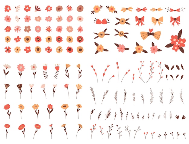 Un gran conjunto de elementos botánicos simples Flores hojas ramitas objetos decorativos para el diseño Ilustraciones vectoriales planas aisladas en un fondo blanco