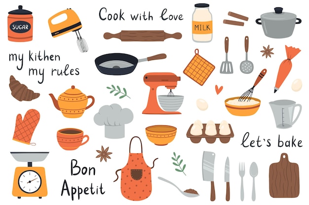 Un gran conjunto de elementos para cocinar. Utensilios de cocina hechos a mano. Linda ilustración vectorial