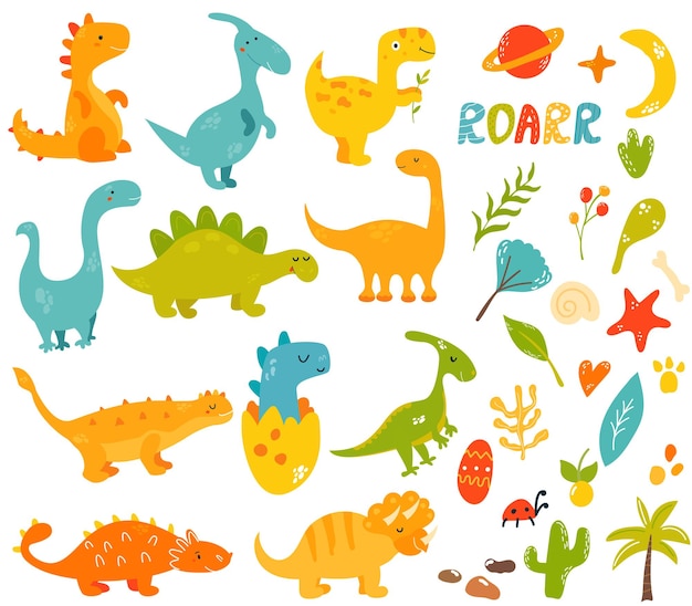 Gran conjunto de elementos dinos dibujados a mano lindos y geniales