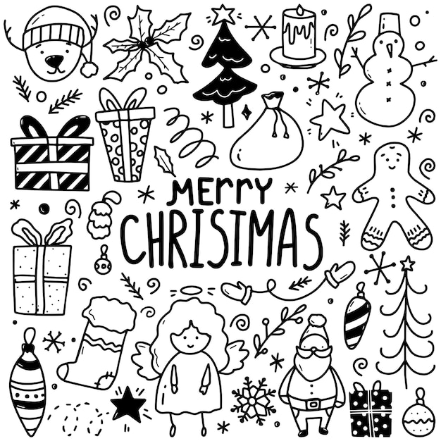 Gran conjunto de elementos de diseño de Navidad en estilo doodle