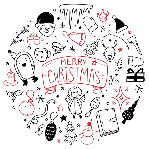 Gran conjunto de elementos de diseño de Navidad en estilo doodle