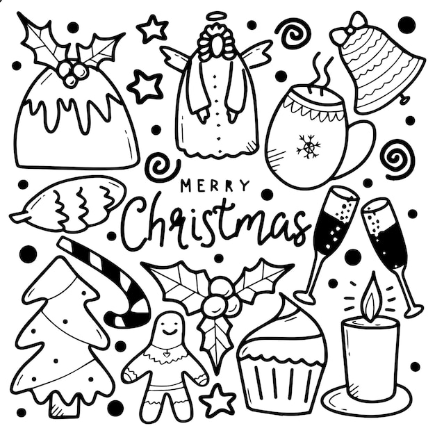 Gran conjunto de elementos de diseño de Navidad en estilo doodle
