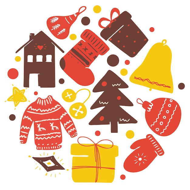 Gran conjunto de elementos de diseño de Navidad en estilo doodle