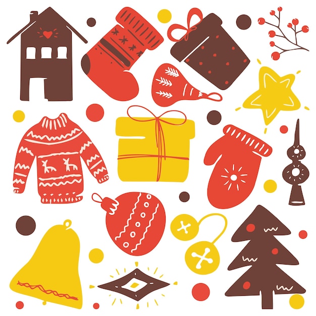 Gran conjunto de elementos de diseño de Navidad en estilo doodle