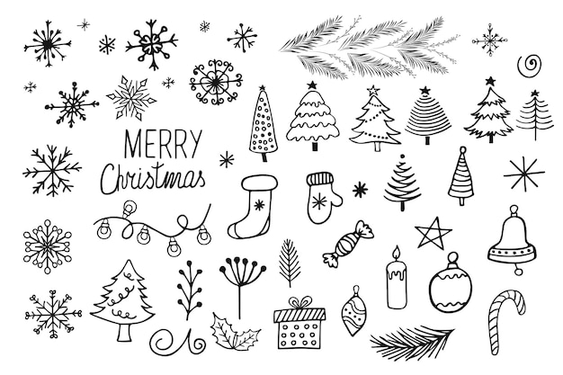 Gran conjunto de elementos de diseño de Navidad en estilo doodle