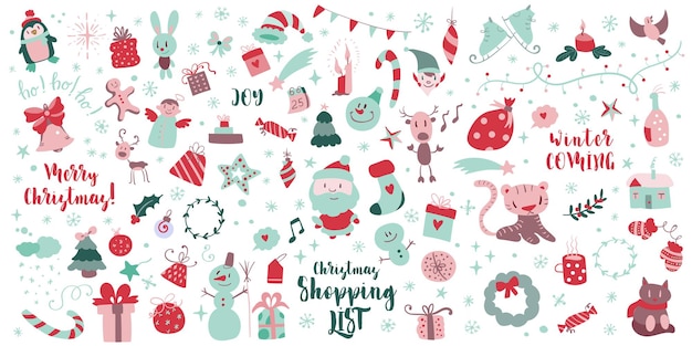 Gran conjunto de elementos de diseño navideño en estilo doodle mega conjunto de bocetos