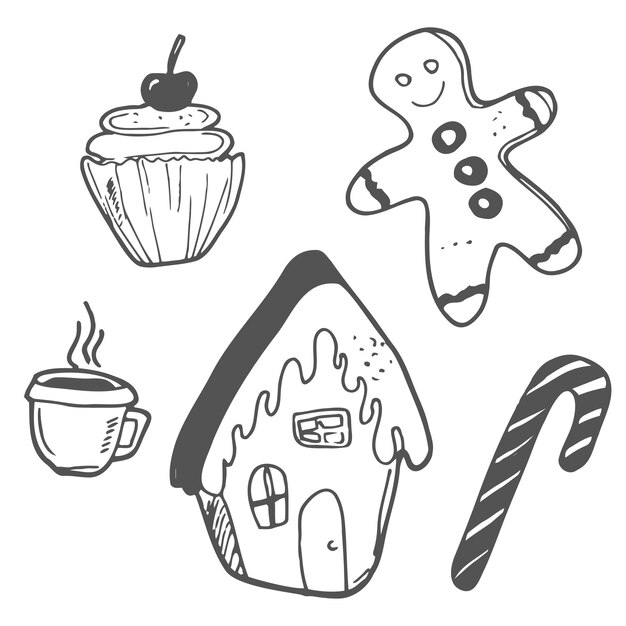 Gran conjunto de elementos de doodle de diseño navideño Vector dibujado a mano Objetos aislados