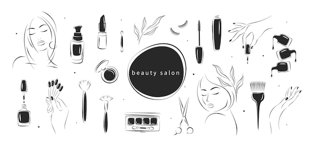 Gran conjunto de elementos e iconos para salón de belleza. Conjunto de siluetas de cosméticos en blanco y negro.