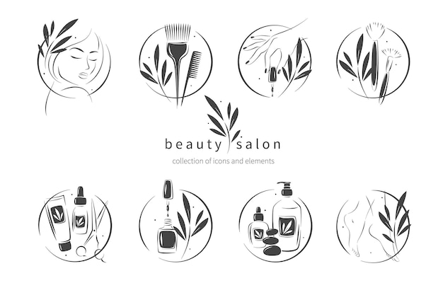 Gran conjunto de elementos e iconos para salón de belleza Esmalte de uñas manos femeninas manicuradas