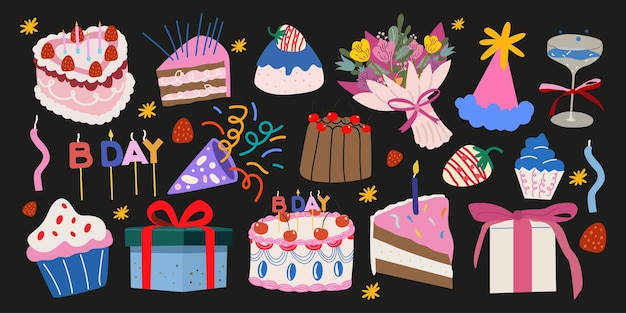 Gran conjunto de elementos de Feliz Cumpleaños en estilo retro Doodle Pasteles regalos flores velas confeti