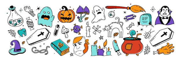 Gran conjunto de elementos de halloween diseño vectorial de estilo doodle ilustración aislada en blanco