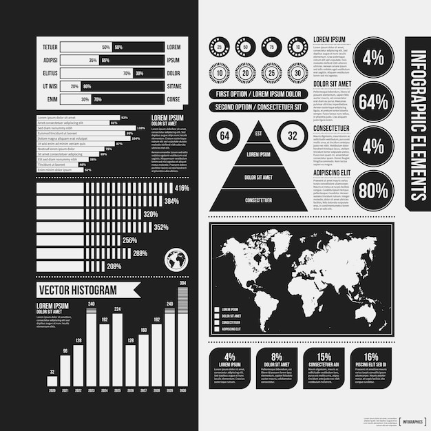 Gran conjunto de elementos infográficos en colores blanco y negro. Diseño monocromo. Estilo minimalista.