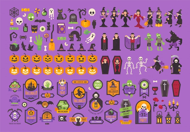 Gran conjunto de elementos y personajes de halloween