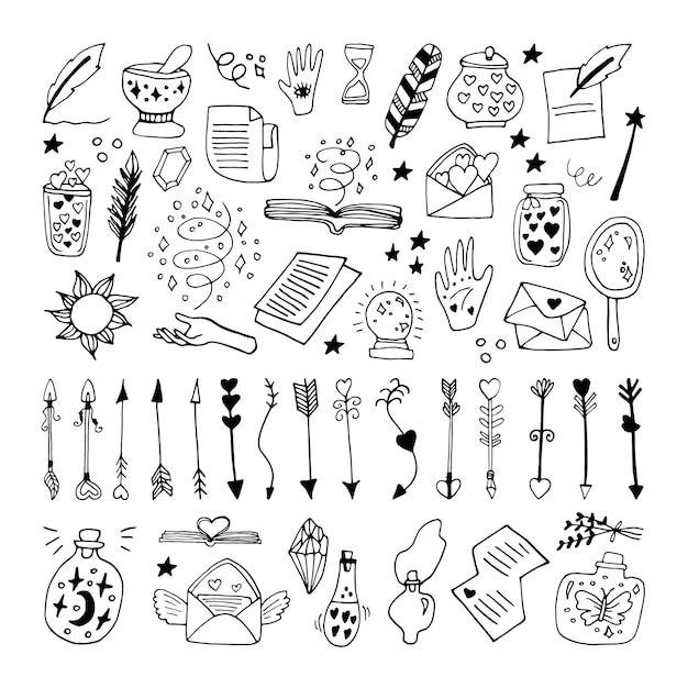 Gran conjunto de elementos de vector de doodle sobre esoterista. Frascos dibujados a mano, plumas, flechas, libros, sol, luna, estrellas y otros símbolos mágicos. Aislado sobre fondo blanco.