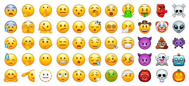 Gran conjunto de emoji amarillo Emoticones divertidos rostros con expresiones faciales