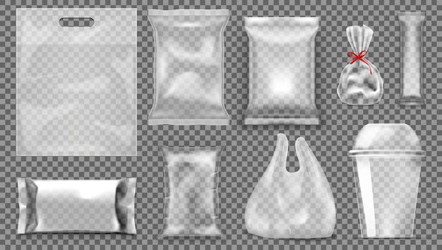 Gran conjunto de envases de plástico vacío transparente