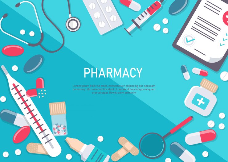 Gran conjunto de equipos médicos y farmacia. Marco cuadrado de farmacia con píldoras, medicamentos, botellas médicas. Ilustración plana de farmacia. Banner en medicina y salud. ilustración.