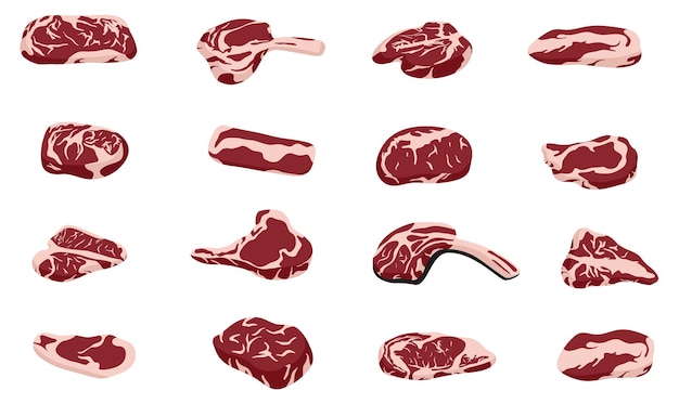 Un gran conjunto de filetes de carne roja y cerdo, una colección de pedazos crudos de carne, cortes fríos, costillas.
