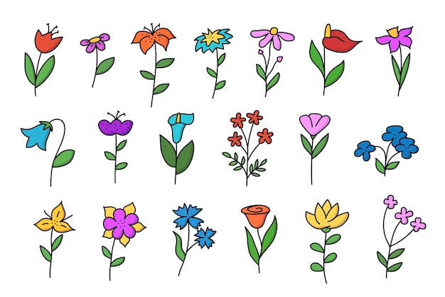 Gran conjunto de flores de doodle. Tulipán, manzanilla, lirio, aciano y otros dibujados a mano en color. Ilustración de vector aislado sobre fondo blanco.