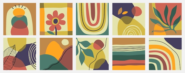 Gran conjunto de fondos abstractos dibujados a mano garabateo varias formas hojas manchas faciales gotas ilustraciones vectoriales modernas y de moda contemporáneas Cada fondo está aislado colores pastel