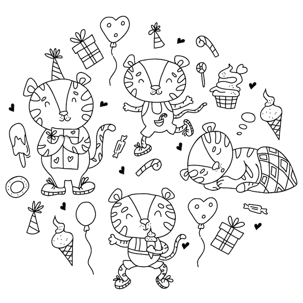 Gran conjunto de garabatos con lindos tigres y regalos Dibujos a mano lineales aislados