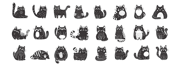 Vector gran conjunto de gatos negros en estilo linocuto gatos lindo divertidos y esponjosos perfectos para aquellos que aprecian el lado dulce y caprichoso del encanto felino ilustración vectorial sobre un fondo blanco