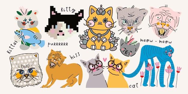 Gran conjunto con gatos salvajes y domésticos y palabras Colección vectorial Ilustración elementos de diseño Impresión