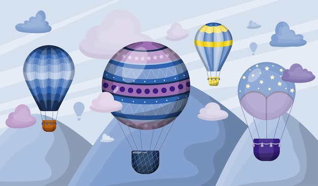 Vector gran conjunto de globos aerostáticos con nubes ilustración plana de vehículos voladores globos románticos cielo con...