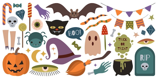 Gran conjunto de Halloween Caldera cráneo fantasma tumba dulces banderas de calabaza y otros elementos festivos Ilustración vectorial aislada