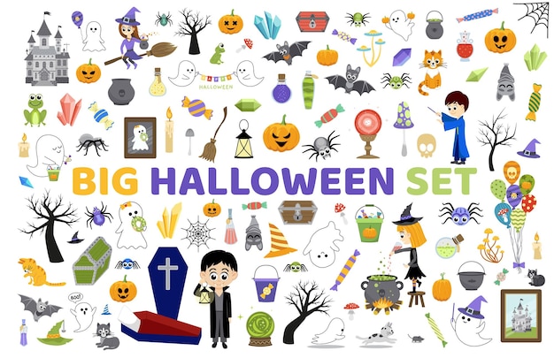 Gran conjunto de Halloween Elementos de Halloween Vector plano de dibujos animados