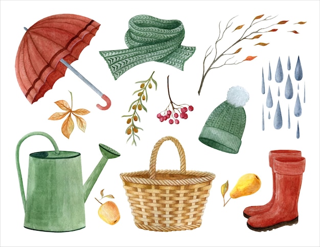 GRAN CONJUNTO DE HERMOSOS OBJETOS DE OTOÑO DE ACUARELA Y ROPA CALIENTE SOBRE UN FONDO BLANCO EN VECTOR