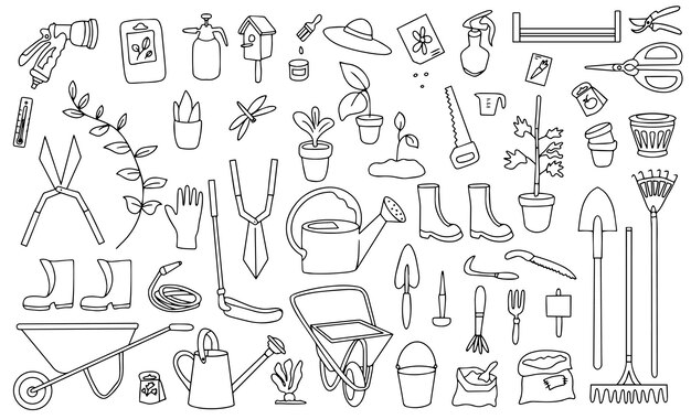 Gran conjunto de herramientas de jardín en estilo doodle