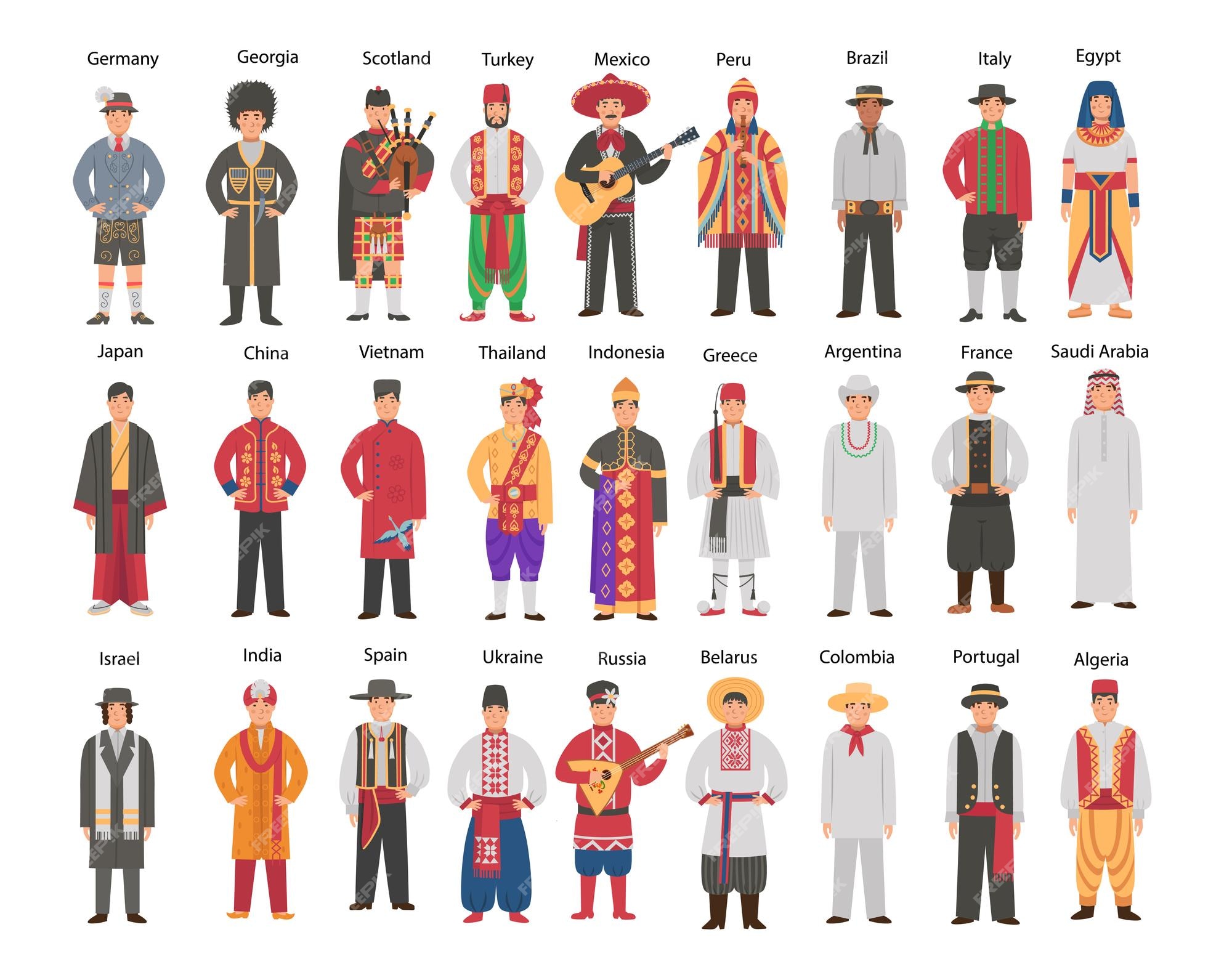 Gran conjunto de hombre en trajes folclóricos de diferentes países conjunto  de personas en ropa étnica | Vector Premium