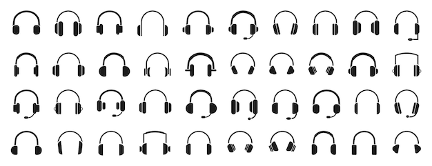 Gran conjunto de iconos de auriculares de soporte en negro ilustración vectorial