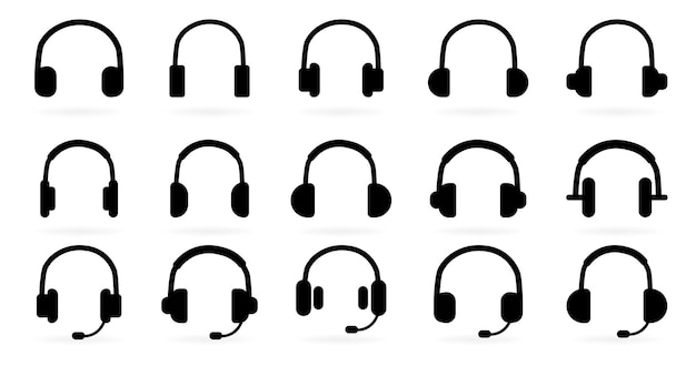 Gran conjunto de iconos de auriculares de soporte en negro ilustración vectorial