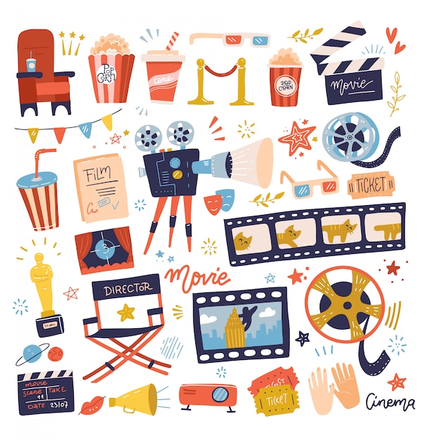 Gran conjunto de iconos de cine. hacer películas y ver películas en la colección de ilustraciones de cine.