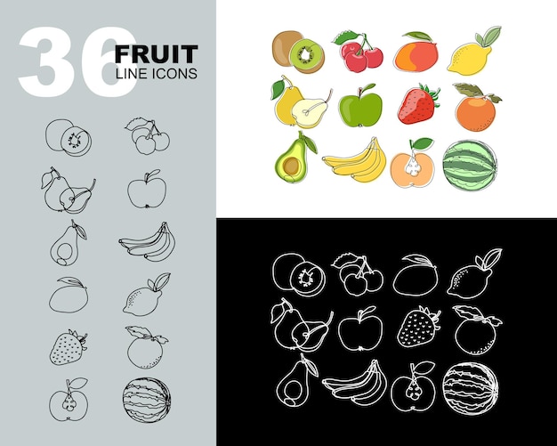 Vector gran conjunto de iconos de frutas línea negra iconos de línea blanca e iconos de color plantillas imprimir vector