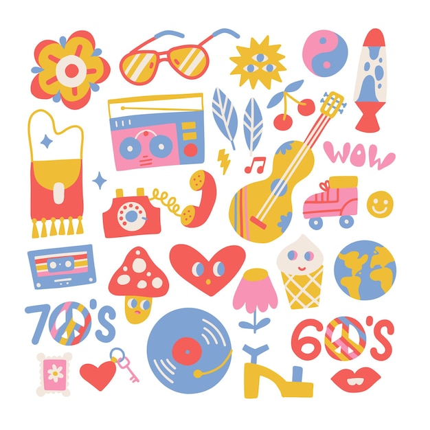 Gran conjunto de iconos hippie retro vintage en estilo ss mano plana drwan vector ilustración colección de