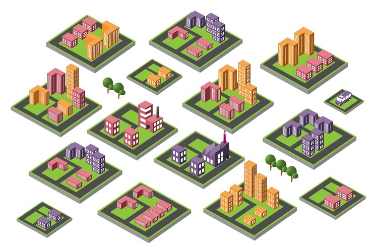 Gran conjunto de iconos iconos y símbolos de la ciudad de la casa isométrica Iconos de la ciudad