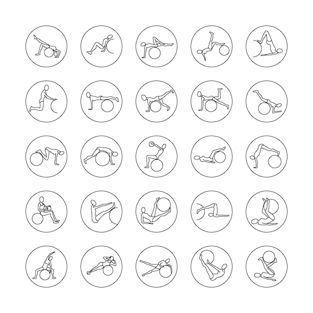 Gran conjunto de iconos lineales de ejercicio fitball