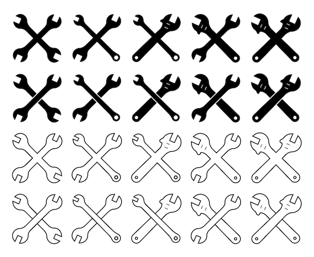 Gran conjunto de iconos de llave cruzada para la reparación de varias formas Vector sobre un fondo blanco