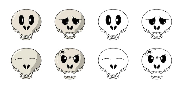 Un gran conjunto de iconos monocromáticos y de color calaveras lindas divertidas para la caricatura de vector de vacaciones