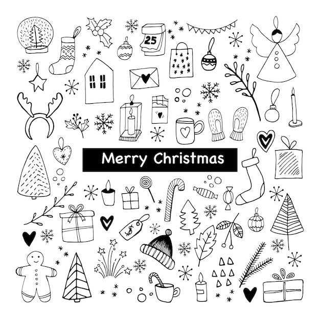 Gran conjunto de iconos de Navidad y año nuevo Ilustración de vector dibujado a mano lindo Elementos de invierno