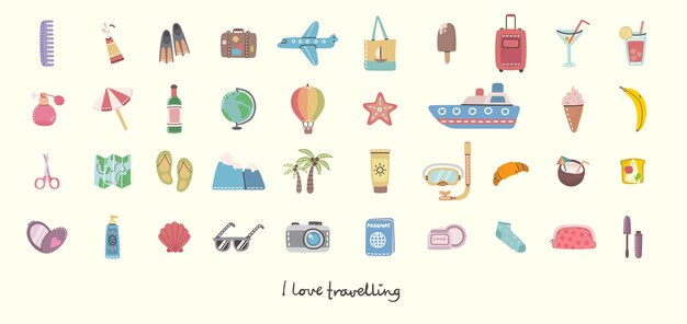 Gran conjunto de iconos y objetos relacionados con viajes y vacaciones de verano.