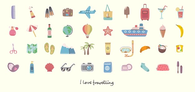 Vector gran conjunto de iconos y objetos relacionados con viajes y vacaciones de verano.