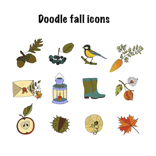 Gran conjunto de iconos de otoño únicos dibujados a mano