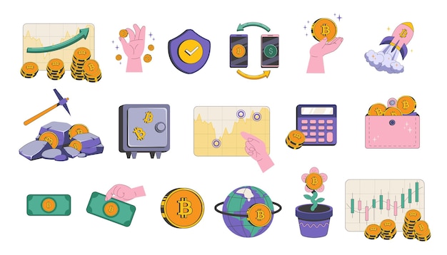 Gran conjunto de iconos sobre criptomonedas Gráficos comerciales manos con monedas de oro bitcoin crecimiento financiero minería intercambio de monedas blockchain