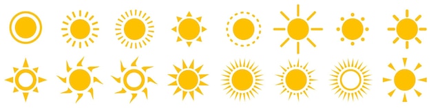 Gran conjunto de iconos de sol sobre un fondo aislado Iconos de sol vectoriales para su diseño Vector de stock EPS 10